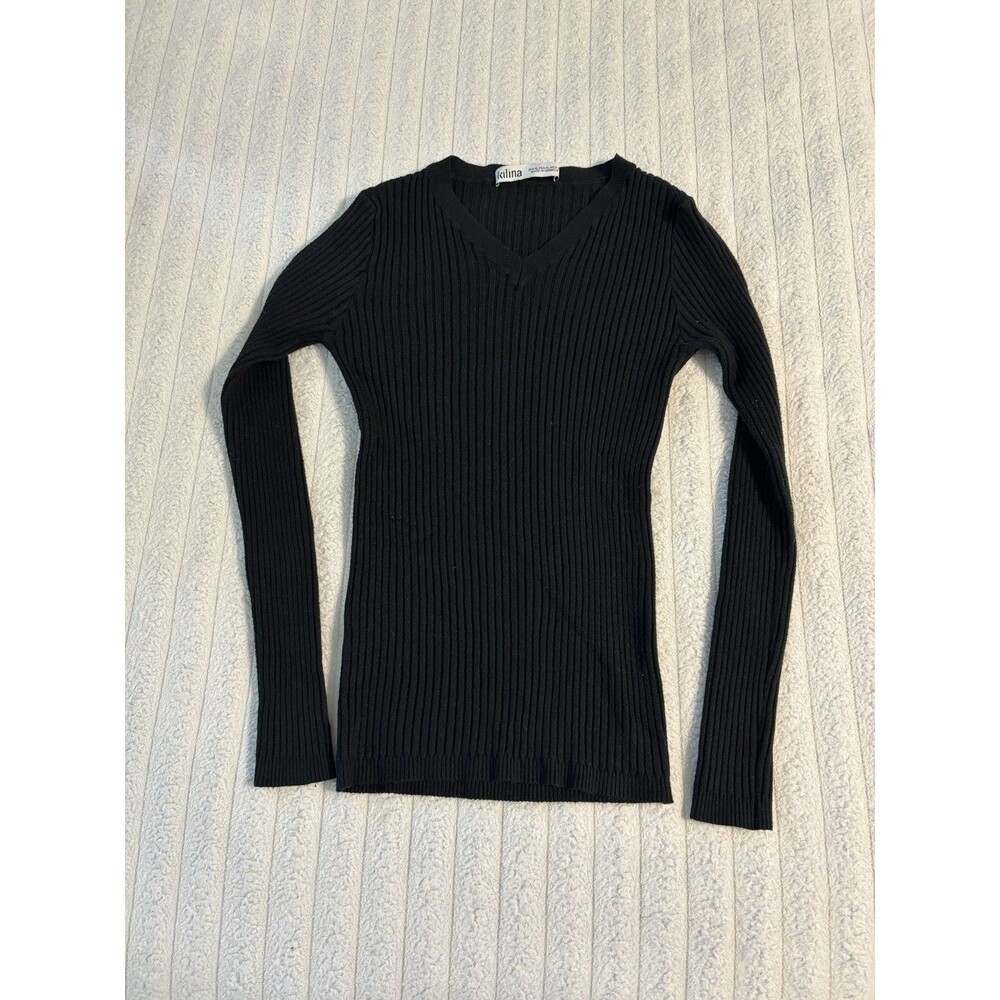 Kilina V Neck Rib Knit Sweater Women's XL Black Super Stretch Tight Form Fitting